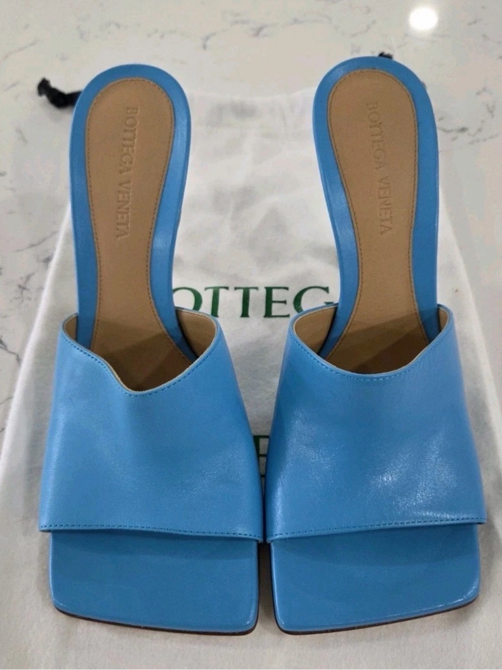 Bottega Veneta Sky Blue Leather Square-Toe Slide Mules